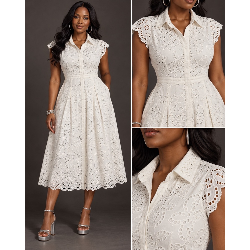 White House Black Market Embroidered Eyelet Midi Shirtdress White 14 NWT